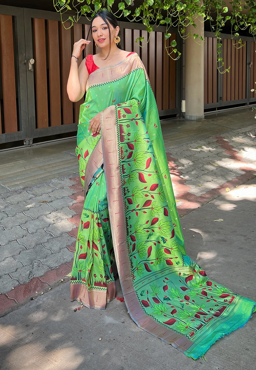 Buy MySilkLove Feijoa Green Zari Woven Titli Royal Paithani Silk Saree Online
