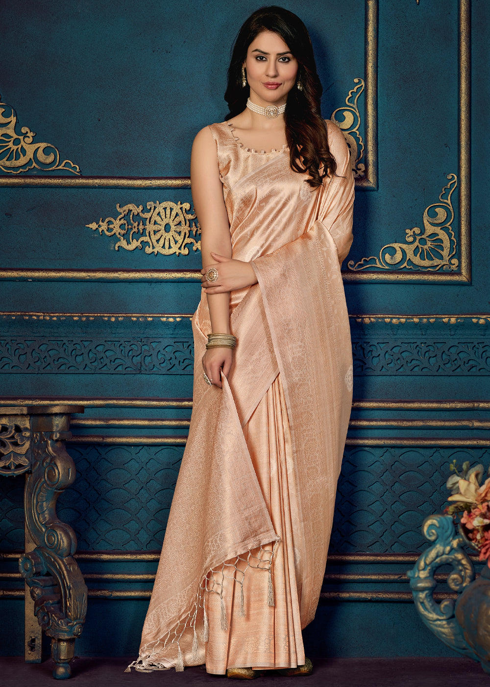 Buy MySilkLove Negroni Peach Woven Banarasi Jacquard Silk Saree Online