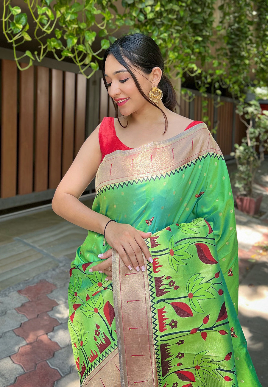 MySilkLove Feijoa Green Zari Woven Titli Royal Paithani Silk Saree