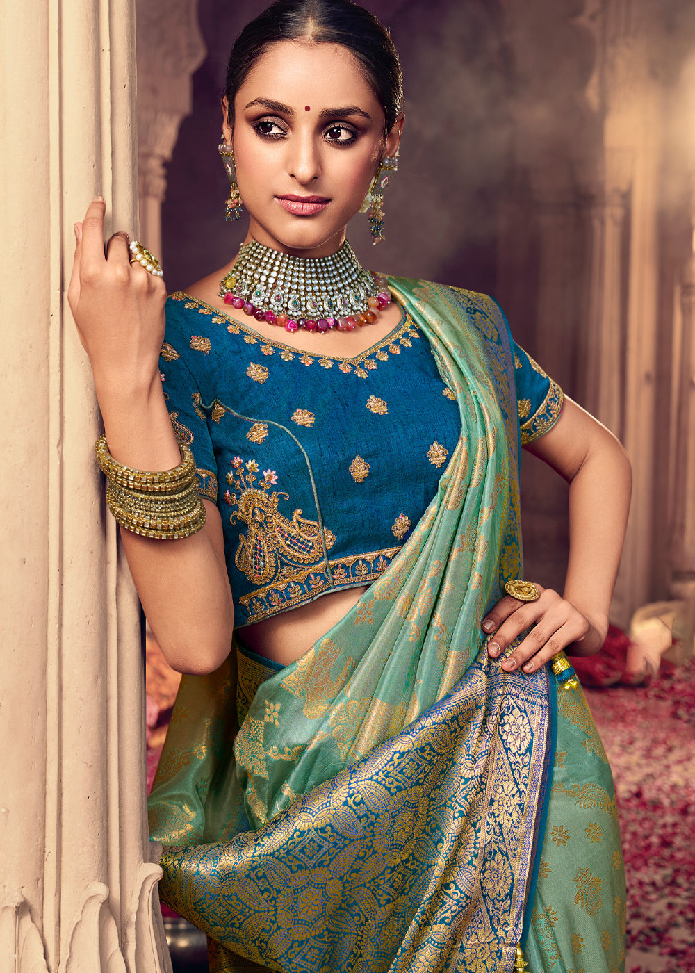 Buy MySilkLove Summer Green and Blue Zari Woven Designer Banarasi Saree Online