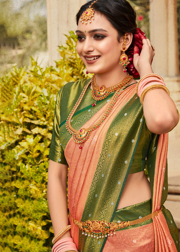 Mona Lisa Peach and Green Woven Kanjivaram Silk Saree