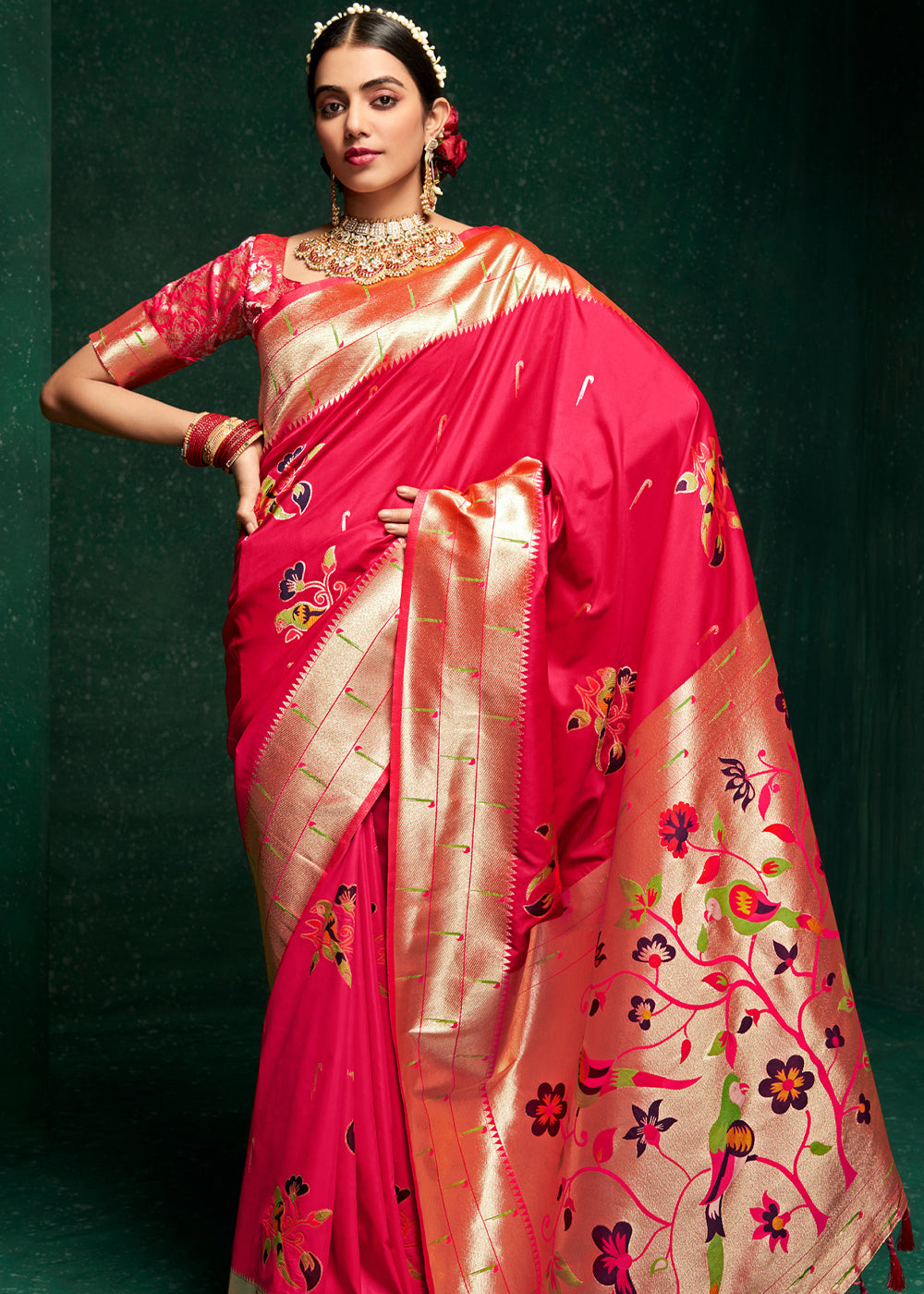 MySilkLove Fiery Rose Pink Woven Paithani Silk Saree With Brocade Blouse
