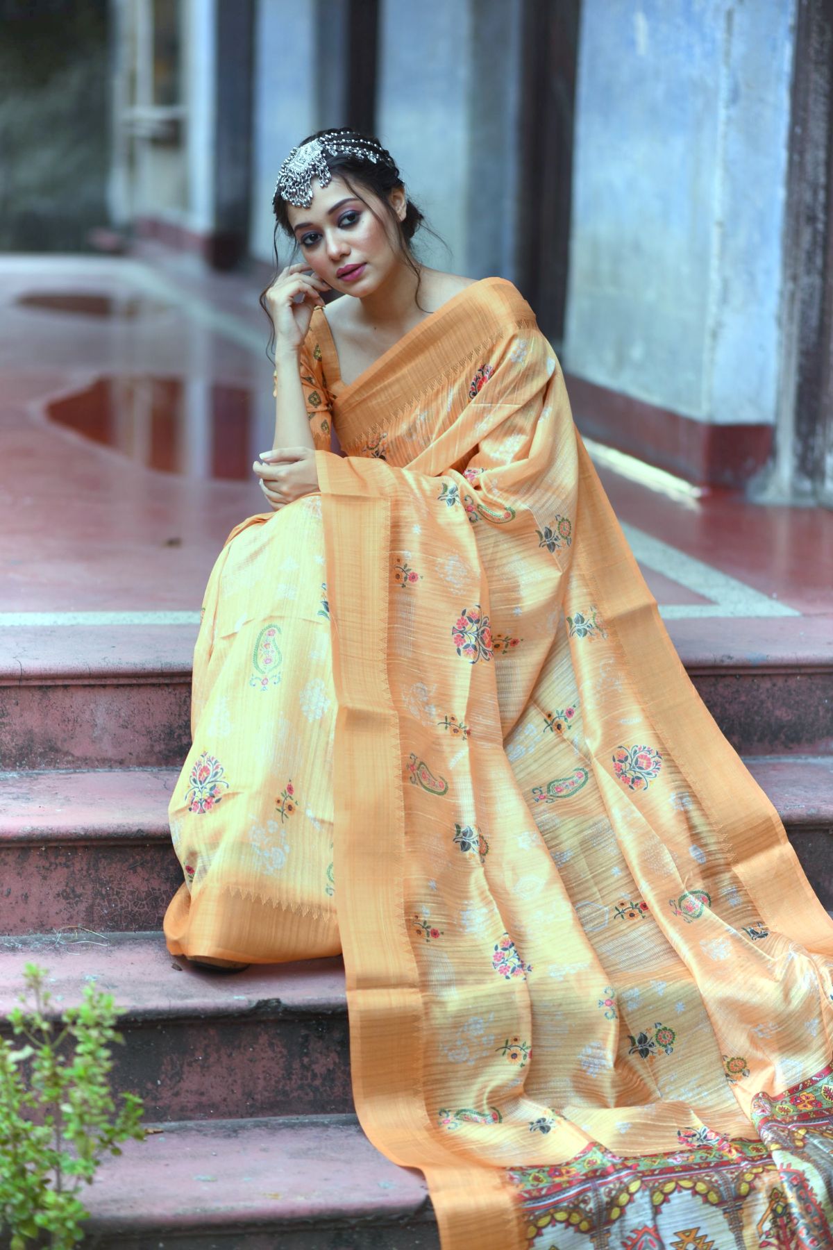 Buy MySilkLove Caper Cream and Orange Printed South Silk Saree Online