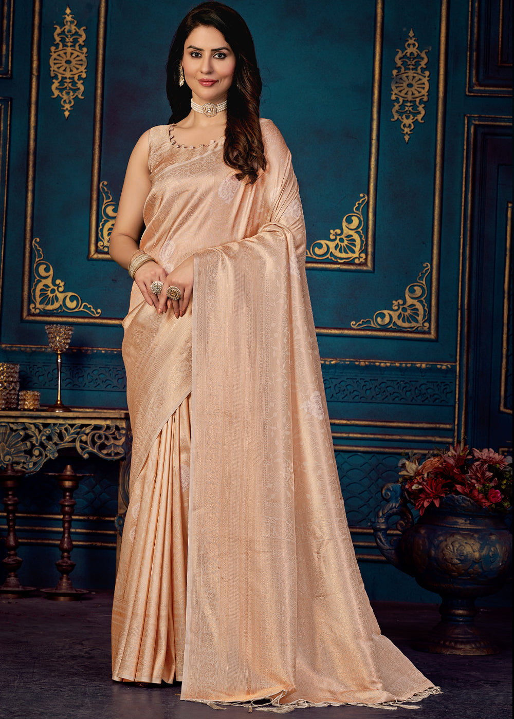 MySilkLove Negroni Peach Woven Banarasi Jacquard Silk Saree