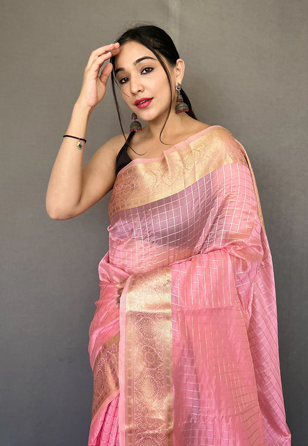 Mauvelous Pink Zari Woven Organza Checks Saree