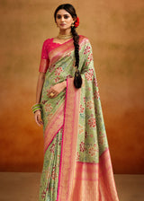 Barley Corn Green Woven Banarasi Kalamkari Silk Saree
