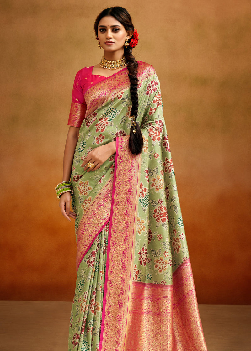 Barley Corn Green Woven Banarasi Kalamkari Silk Saree
