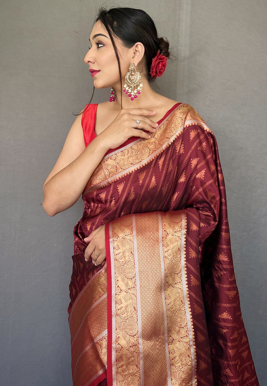 Buy MySilkLove Tosca Brown Banarasi Silk Leheriya Copper Zari Woven Saree Online