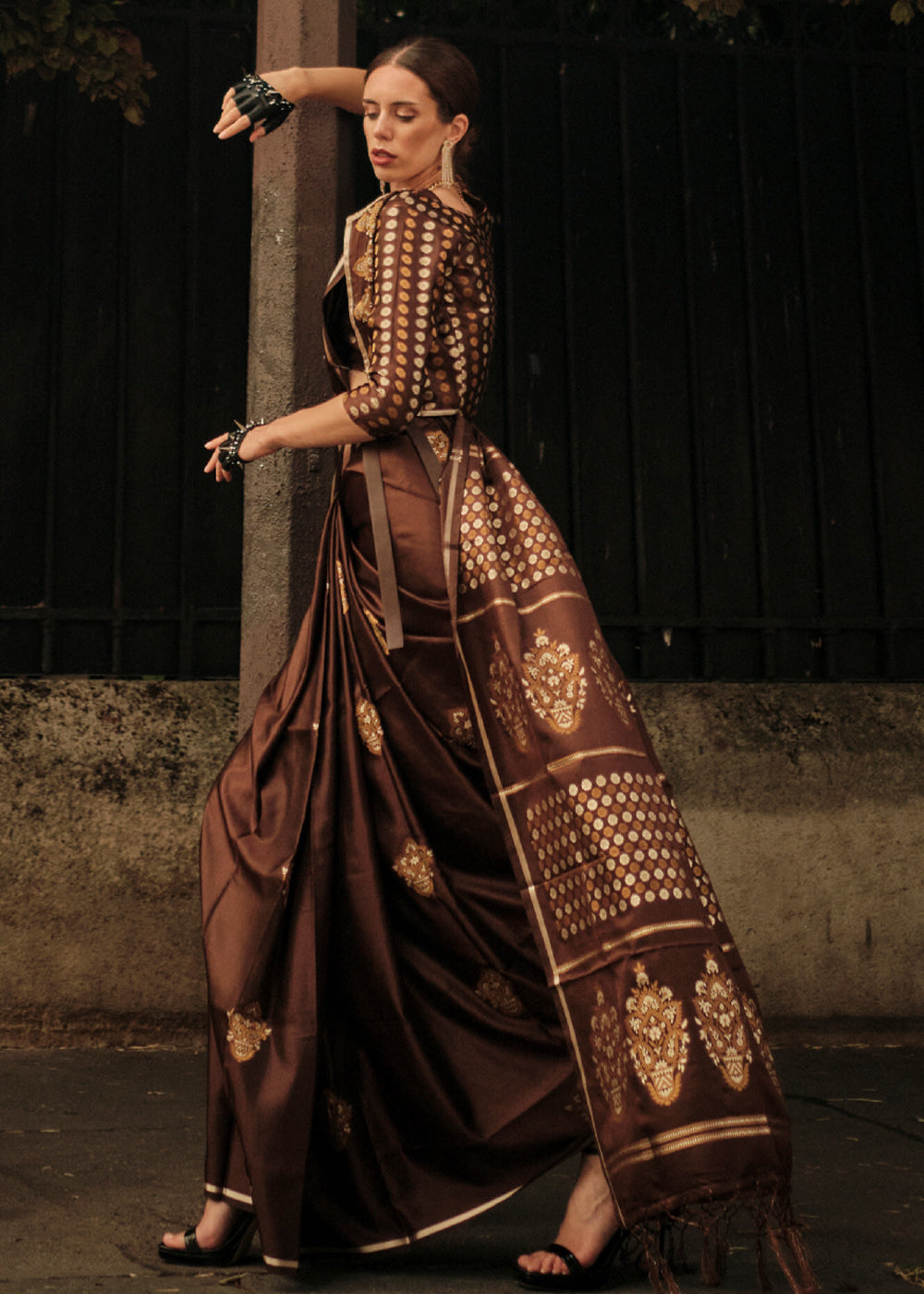 Buy MySilkLove Quincy Brown Woven Banarasi Satin Silk Saree Online