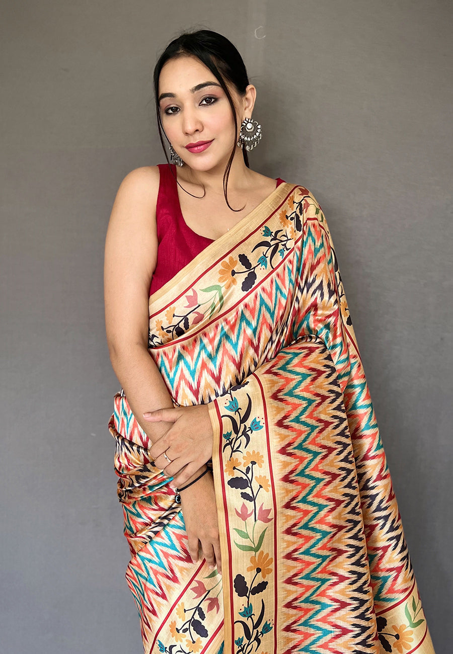 Buy MySilkLove Cumulus Golden Multicolor Ikat Printed Saree Online