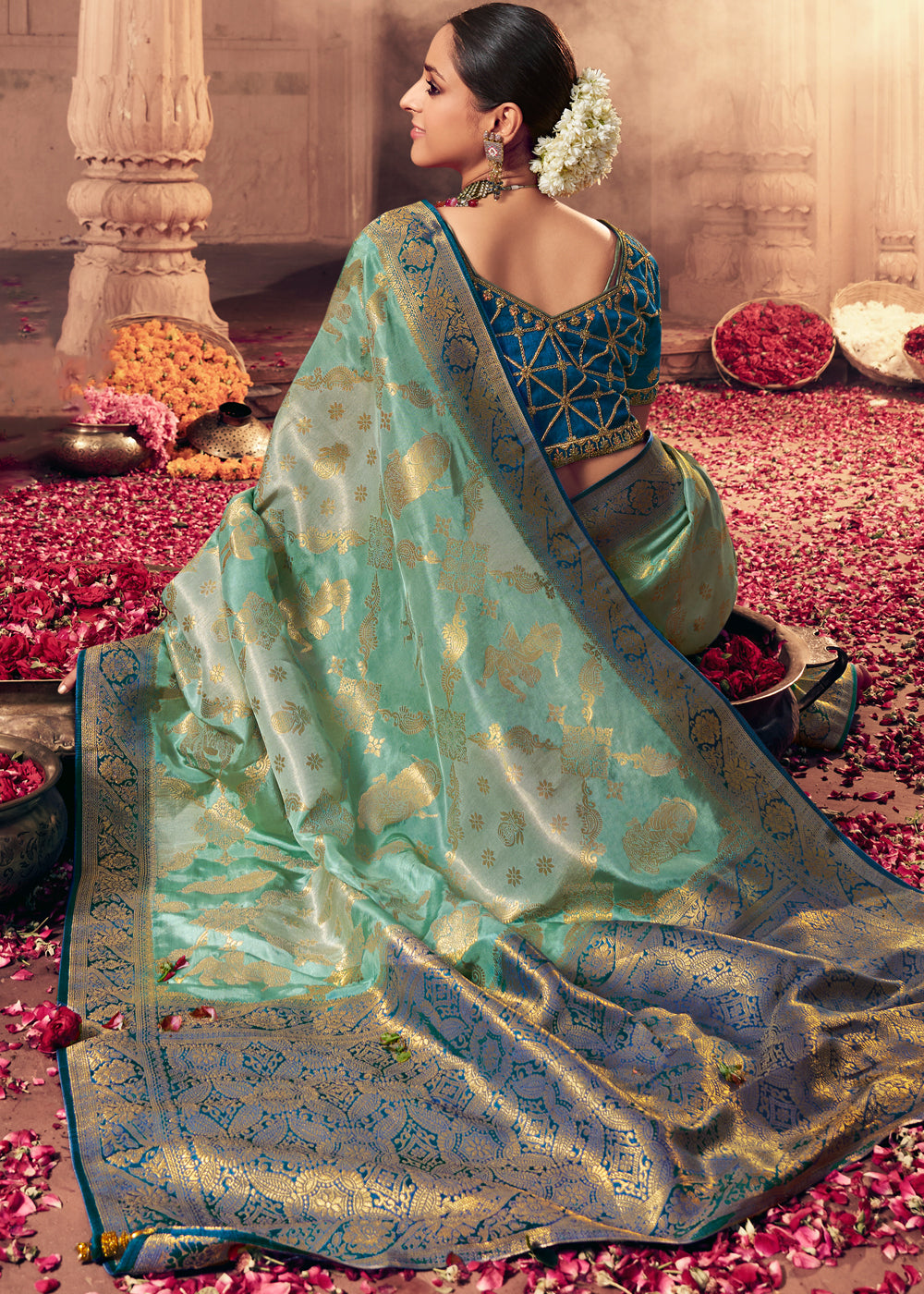 Buy MySilkLove Summer Green and Blue Zari Woven Designer Banarasi Saree Online