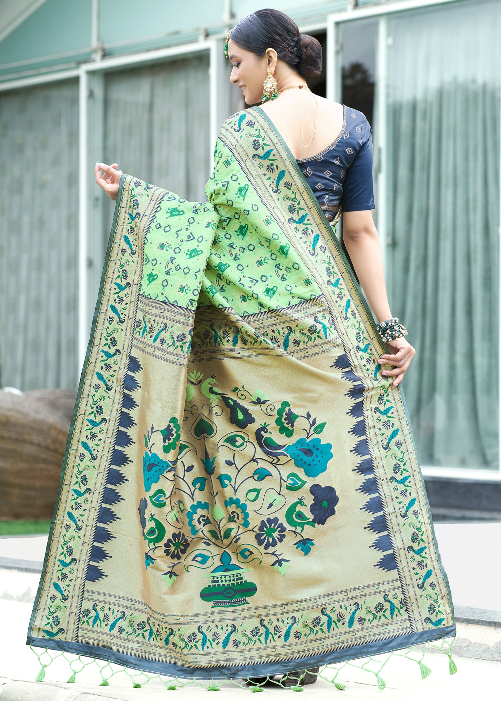 Buy MySilkLove Pista Green Woven Paithani Patola Silk Saree Online