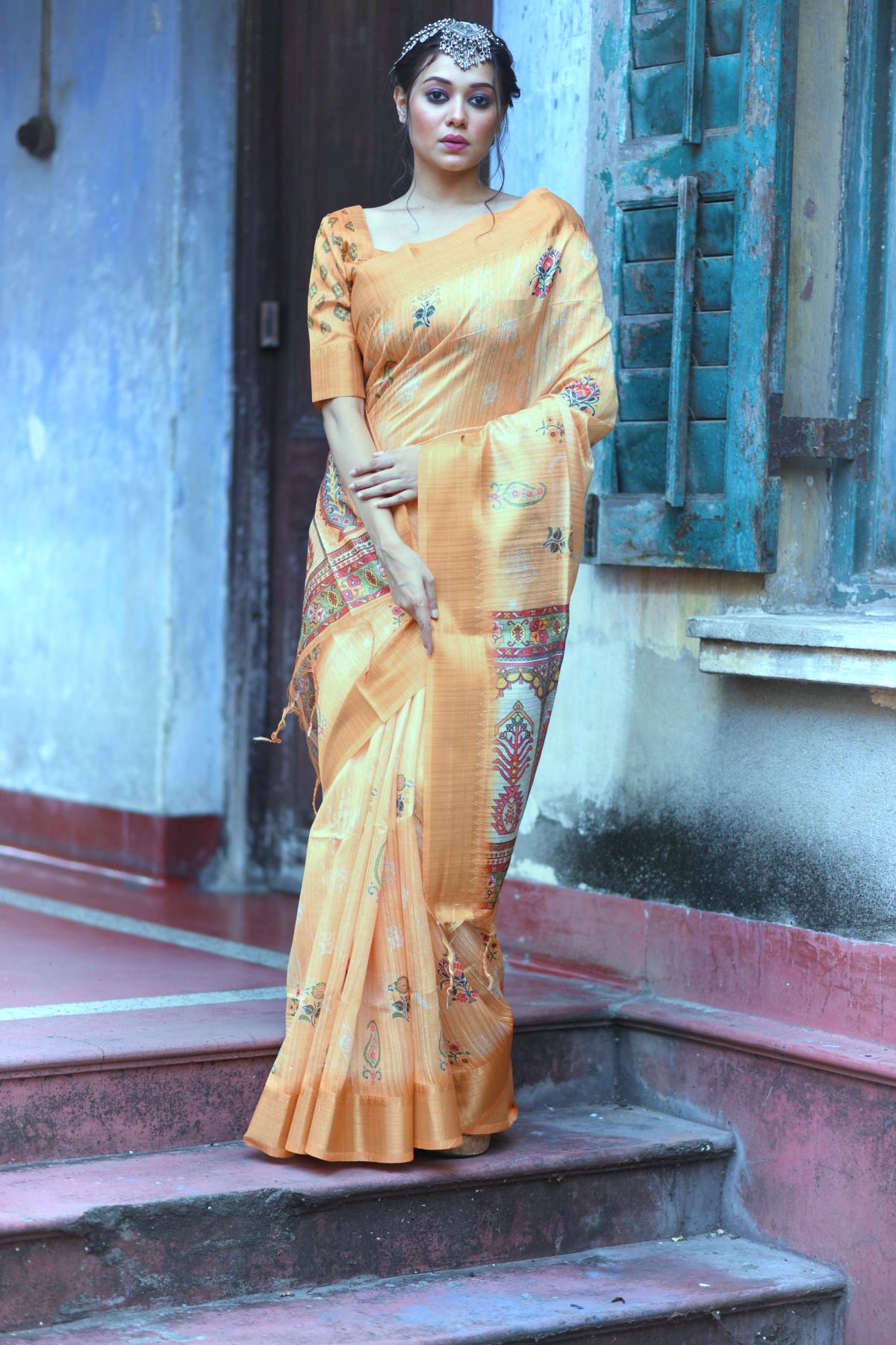 Buy MySilkLove Caper Cream and Orange Printed South Silk Saree Online