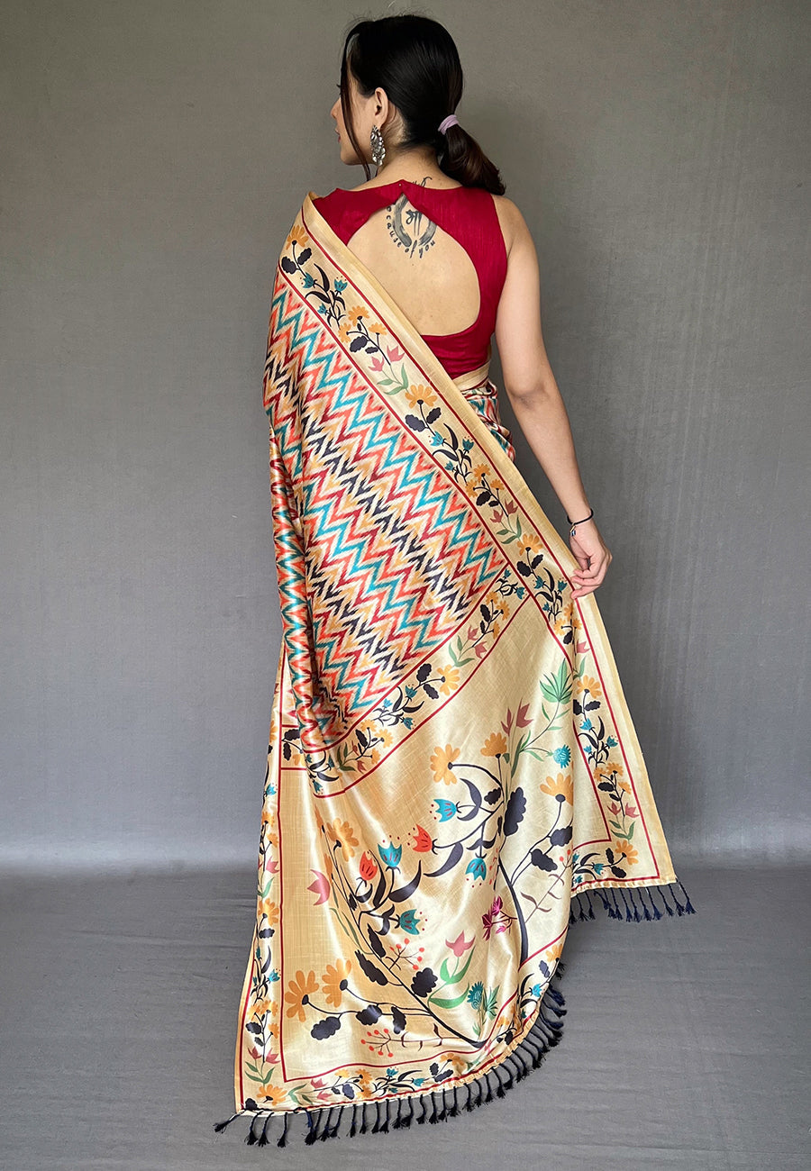 Buy MySilkLove Cumulus Golden Multicolor Ikat Printed Saree Online