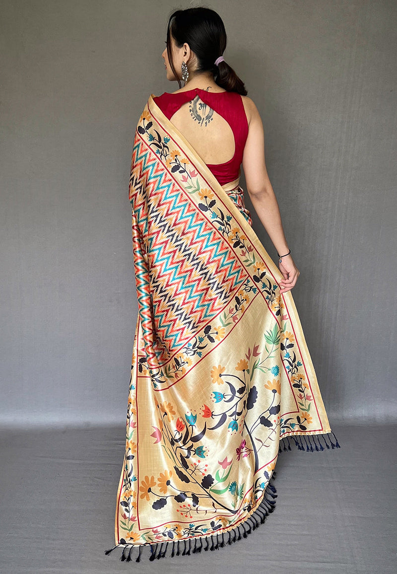 Multi color linen cotton saree with ikat printed work