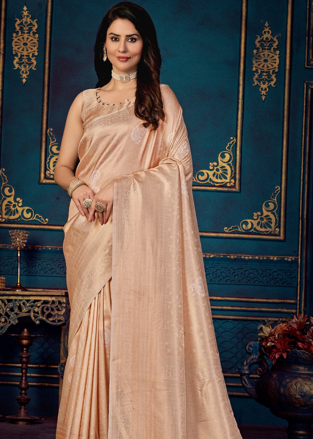 Buy MySilkLove Negroni Peach Woven Banarasi Jacquard Silk Saree Online