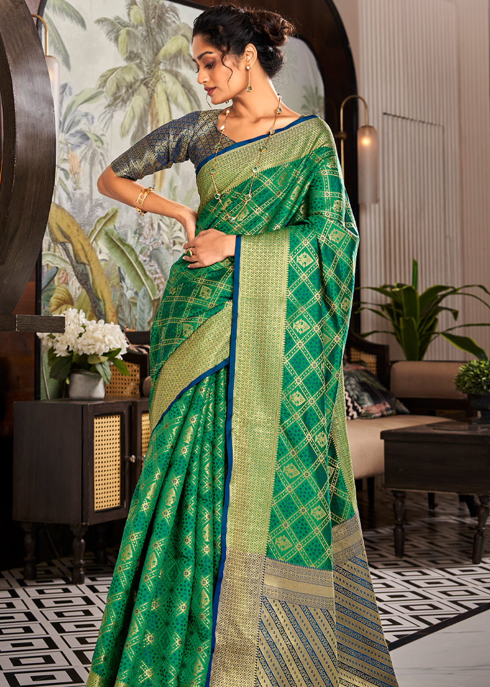 Buy MySilkLove Viridian Green Woven Patola Soft Silk Saree Online