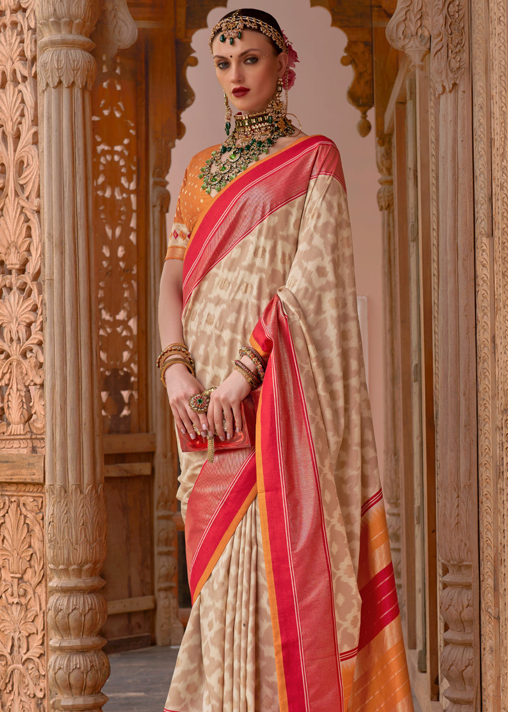 Buy MySilkLove Cameo Cream and Red Woven Patola Silk Saree Online