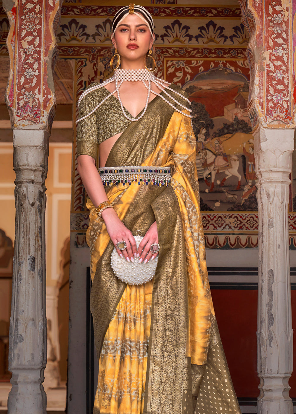 Buy MySilkLove Pale Canary Yellow and Green Printed Patola Soft Silk Saree Online