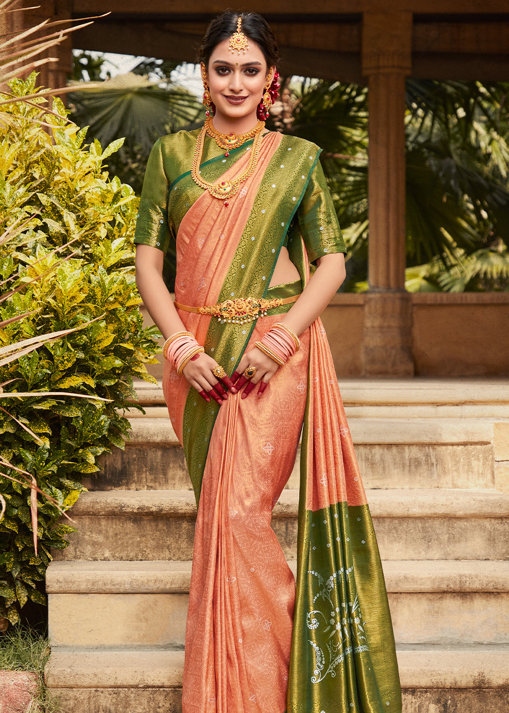 Buy MySilkLove Mona Lisa Peach and Green Woven Kanjivaram Silk Saree Online