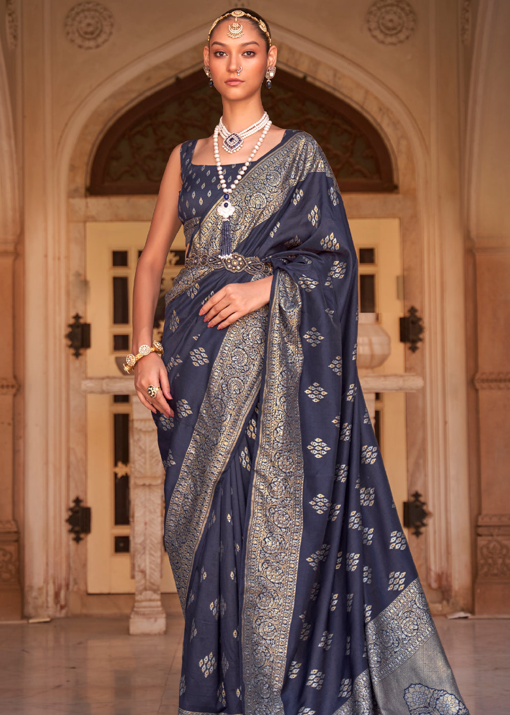 Buy MySilkLove Gun Powder Grey Woven Banarasi Soft Silk Saree Online