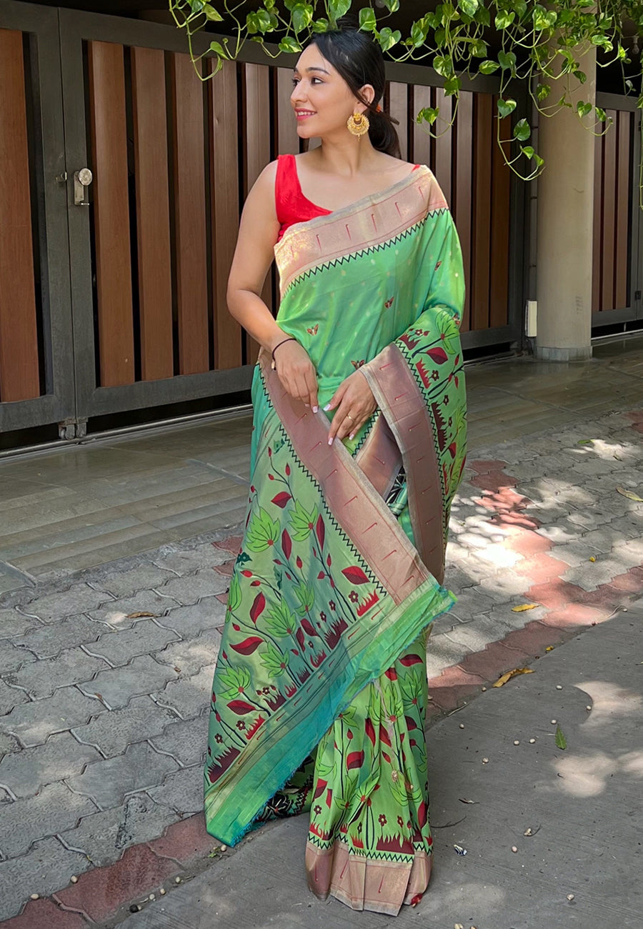 Buy MySilkLove Feijoa Green Zari Woven Titli Royal Paithani Silk Saree Online