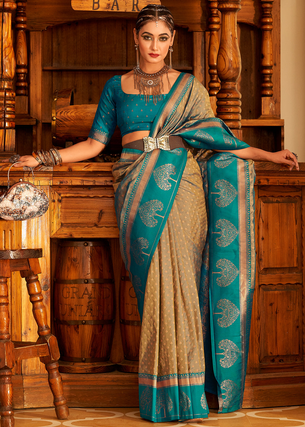 Buy MySilkLove Wild Rice Cream and Blue Woven Banarasi Soft Silk Saree Online