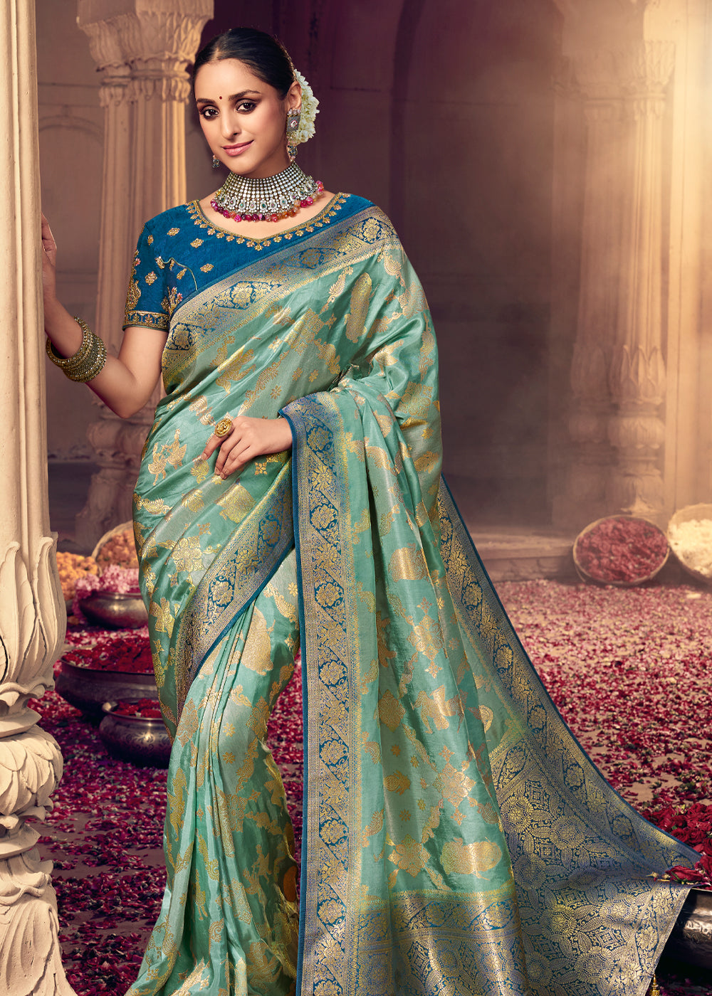 Buy MySilkLove Summer Green and Blue Zari Woven Designer Banarasi Saree Online