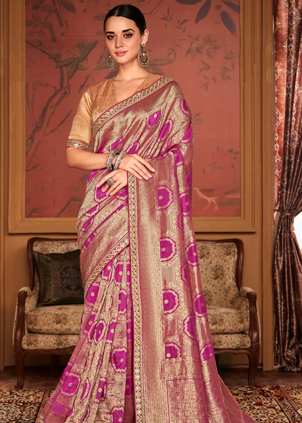 Buy MySilkLove Hibiscus Pink Woven Banarasi Designer Silk Saree With Embroidered Blouse Online