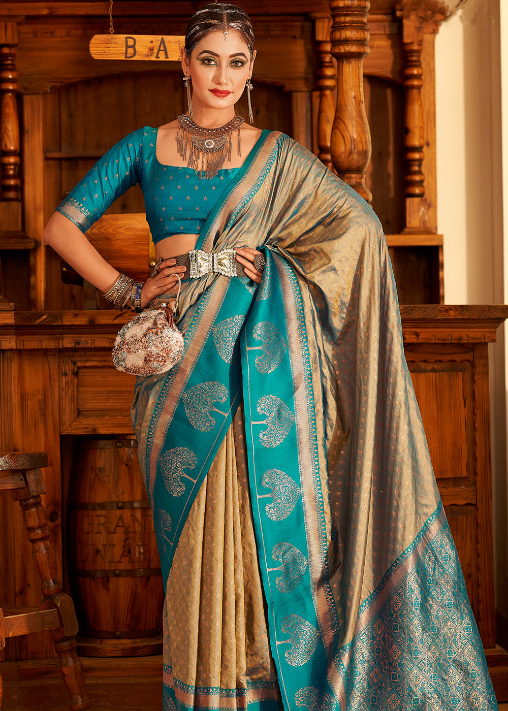 Buy MySilkLove Wild Rice Cream and Blue Woven Banarasi Soft Silk Saree Online