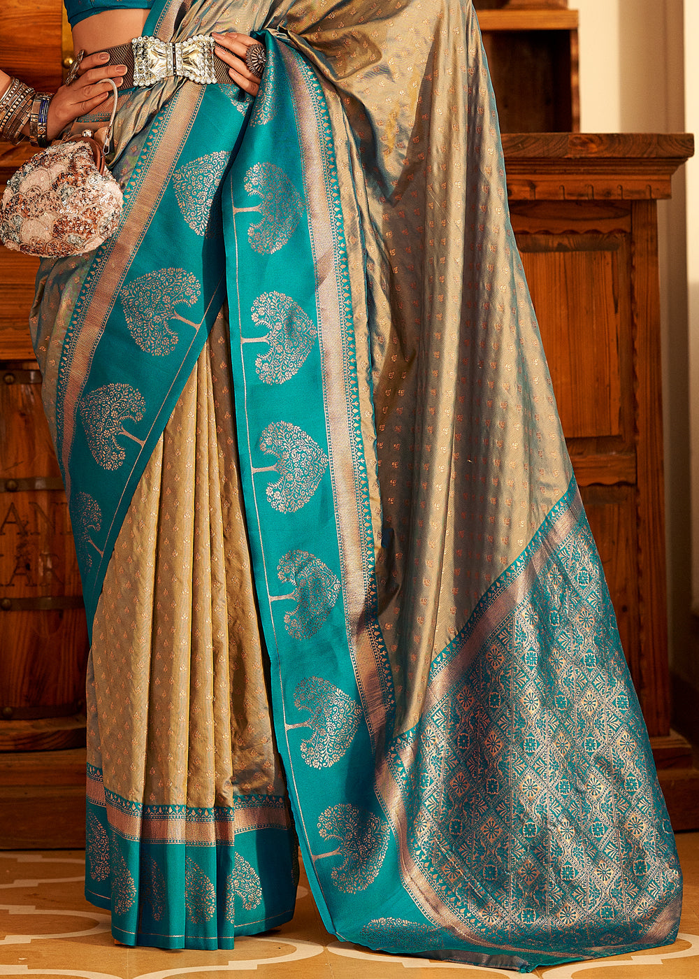 Buy MySilkLove Wild Rice Cream and Blue Woven Banarasi Soft Silk Saree Online