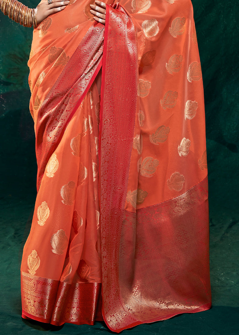 Jelly Bean Orange Woven Banarasi Organza Silk Saree