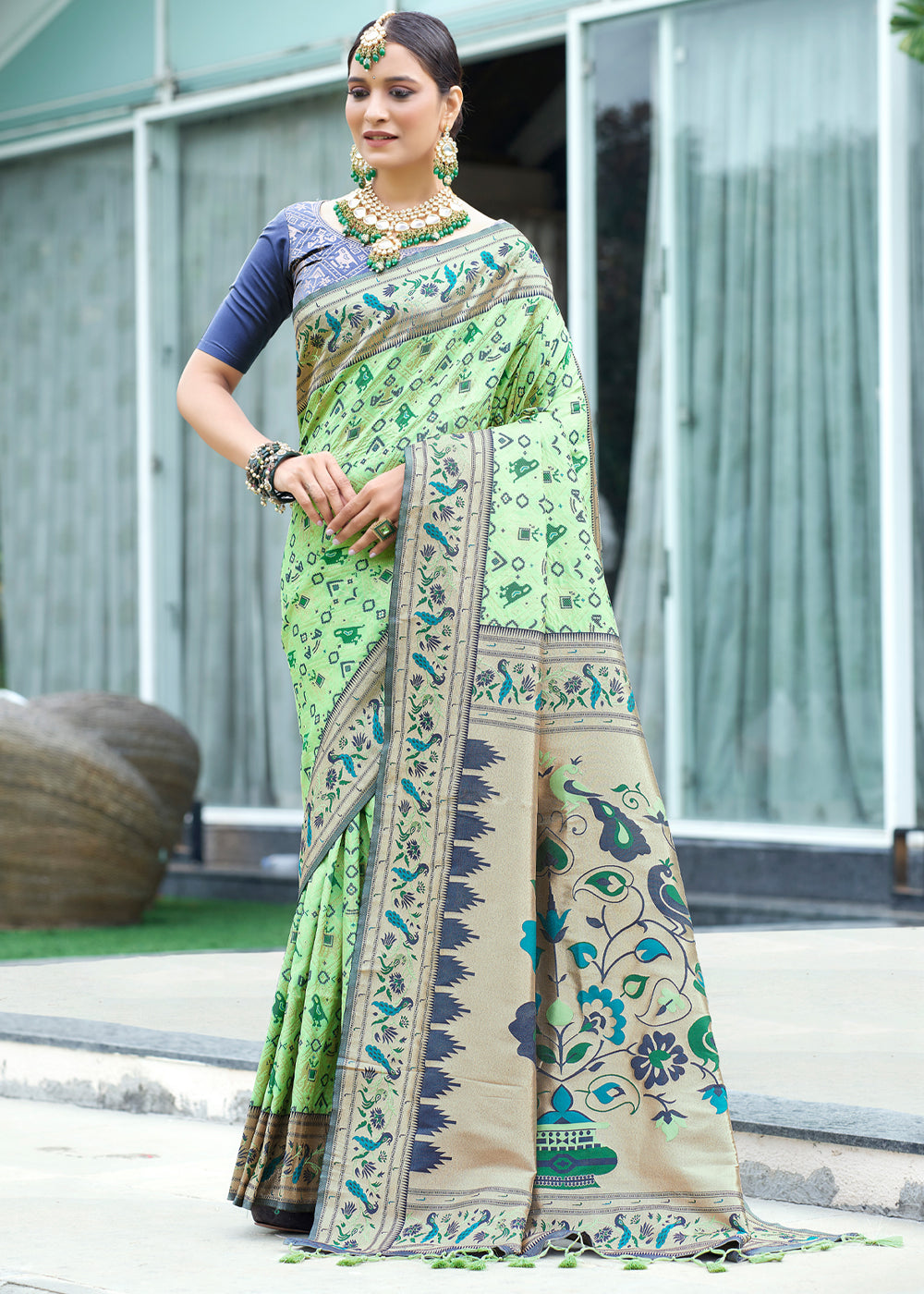 Buy MySilkLove Pista Green Woven Paithani Patola Silk Saree Online