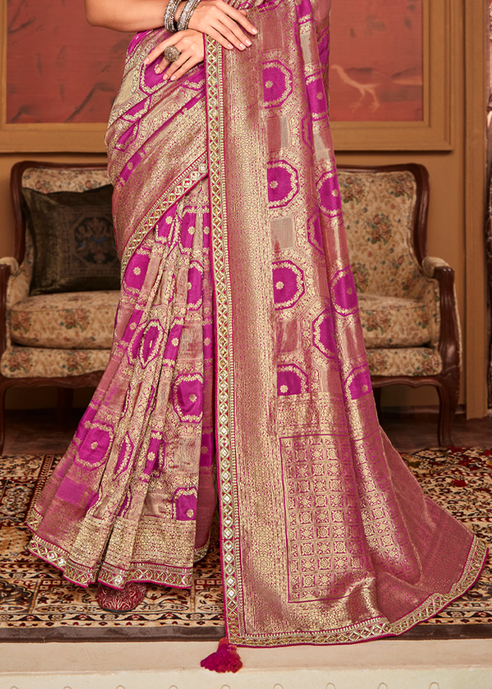 Buy MySilkLove Hibiscus Pink Woven Banarasi Designer Silk Saree With Embroidered Blouse Online