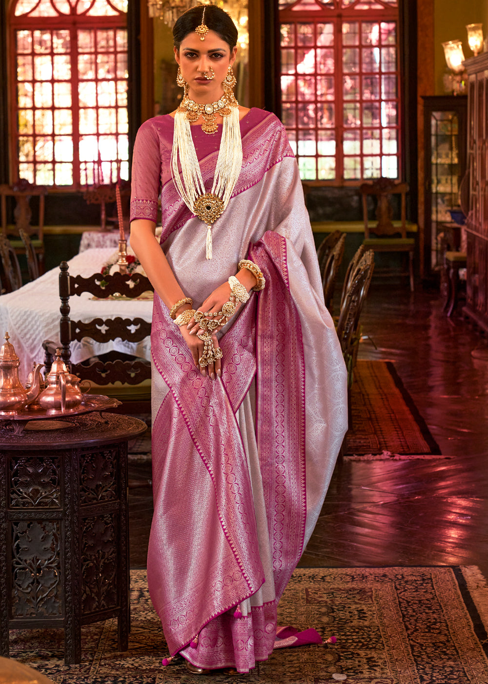 Buy MySilkLove Cinnamon Grey and Pink Woven Kanjivaram Saree Online
