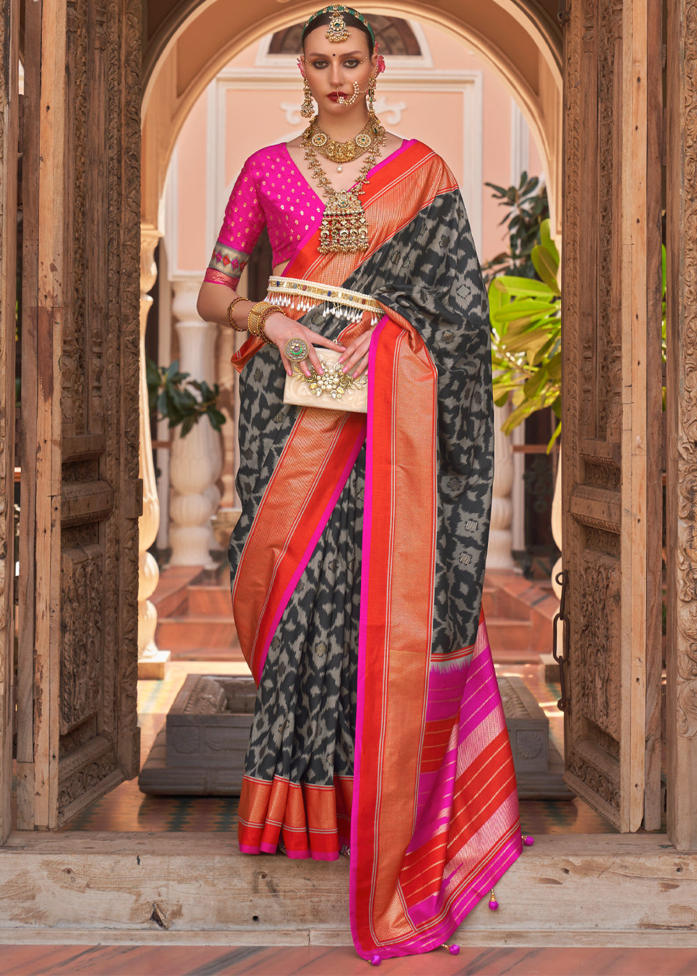 Buy MySilkLove Merlin Black and Pink Woven Patola Silk Saree Online