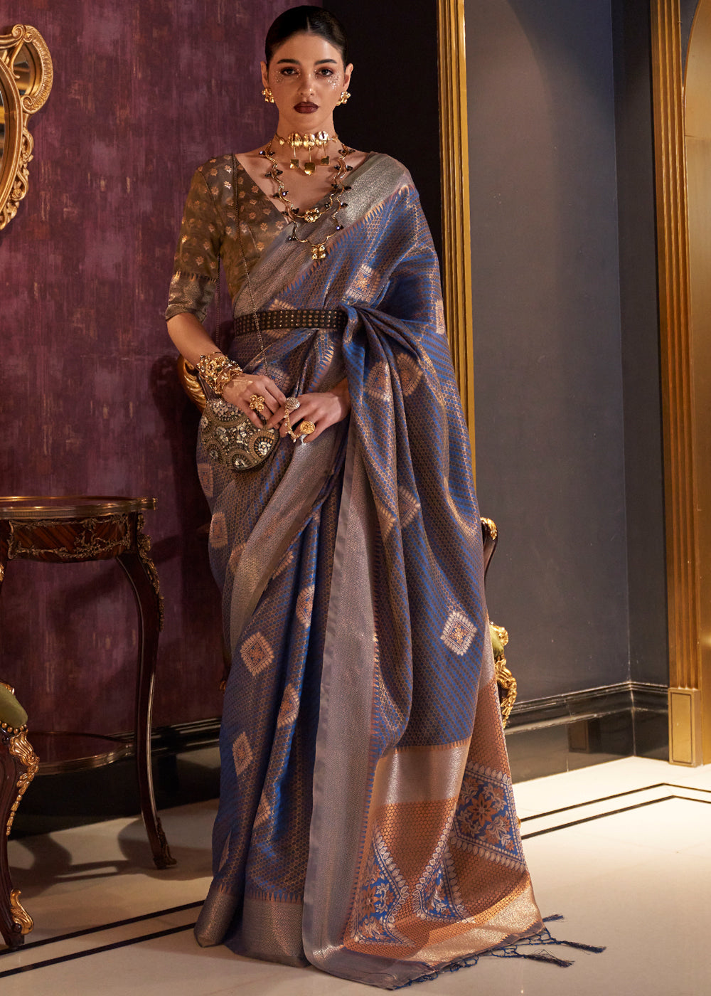 Buy MySilkLove Amethyst Blue Zari Woven Banarasi Silk Saree Online