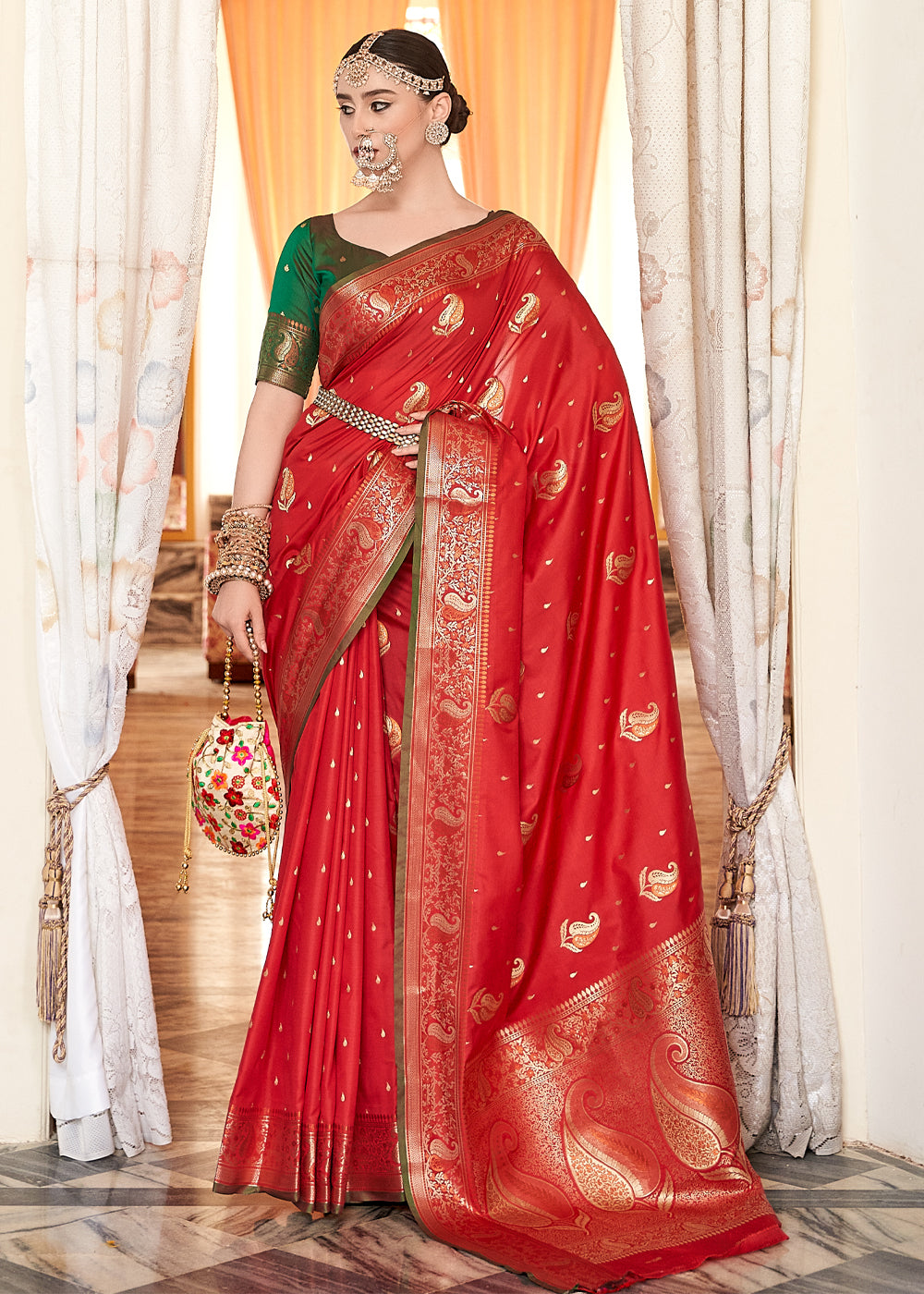 Buy MySilkLove Rusty Red Woven Banarasi Soft Silk Saree Online