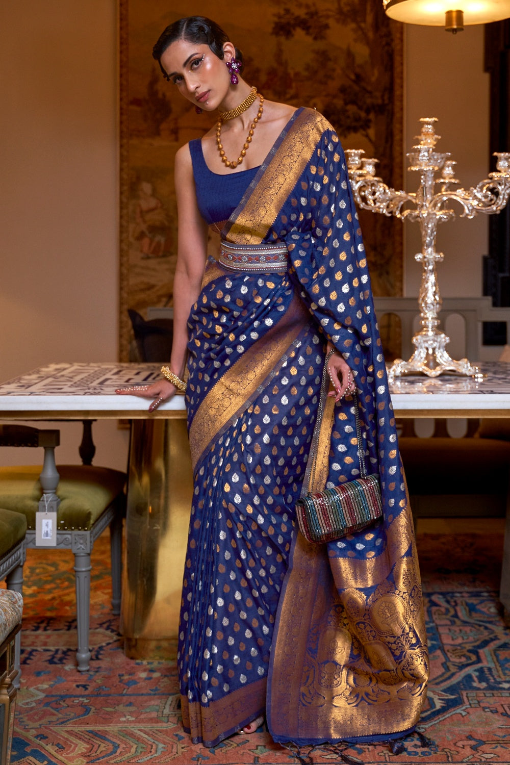 Buy MySilkLove Rhino Blue Copper Zari Pure  Banarasi Saree Online