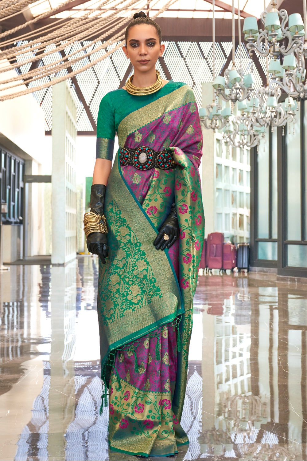 Buy MySilkLove Tapestry Purple and Green Woven Handloom  Banarasi Silk Saree Online