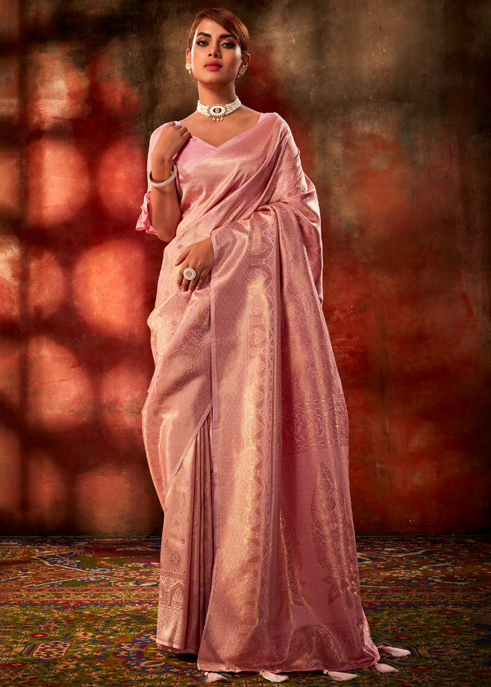 Buy MySilkLove Cornflower Pink Woven Kanjivaram Silk Saree Online