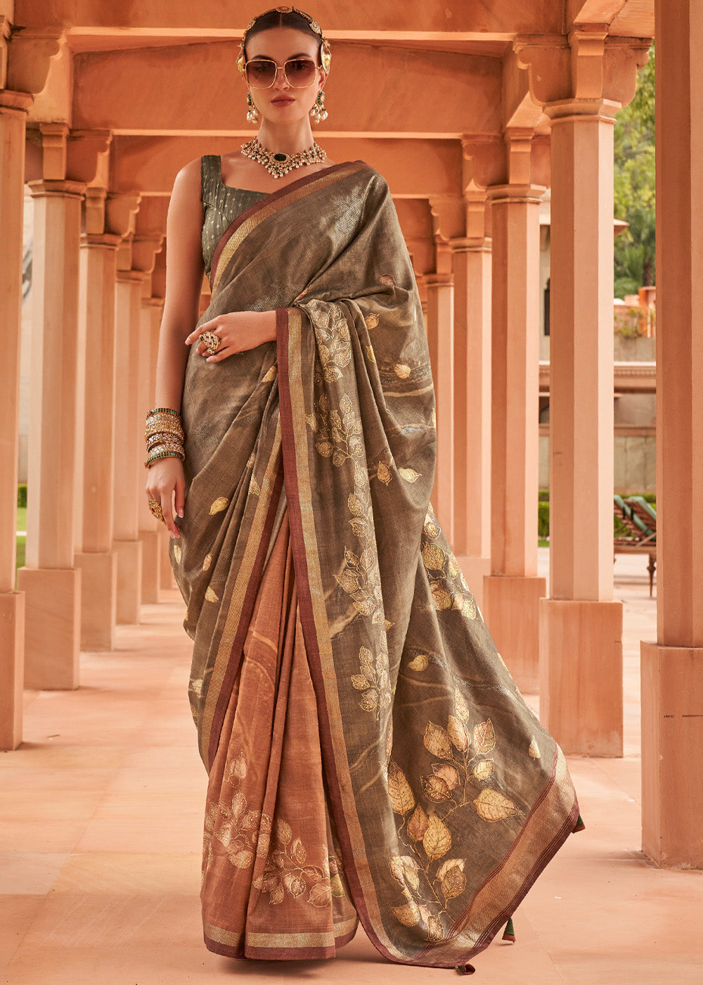 Buy MySilkLove Leather Grey and Brown Printed Patola Soft Silk Saree Online