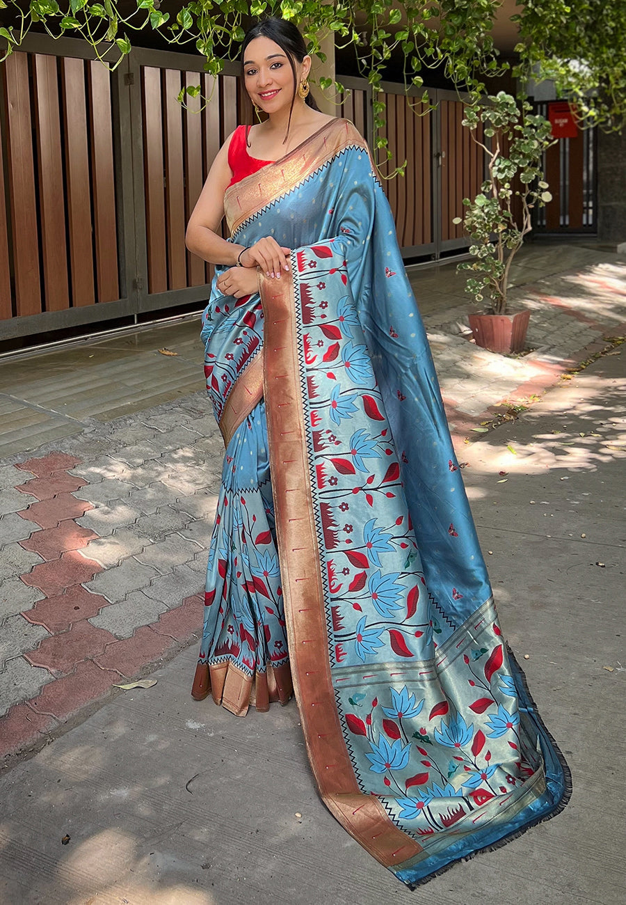 Buy MySilkLove Rock Blue Zari Woven Titli Royal Paithani Silk Saree Online