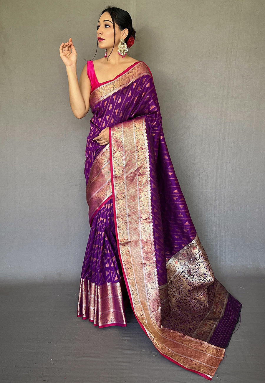 Buy MySilkLove Midnight Pearl Purple Banarasi Silk Leheriya Copper Zari Woven Saree Online
