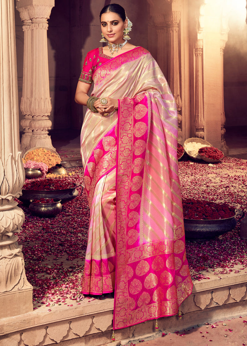 Wedding Sarees, Pink Chiffon Saree with Cream Blouse - DMV7912