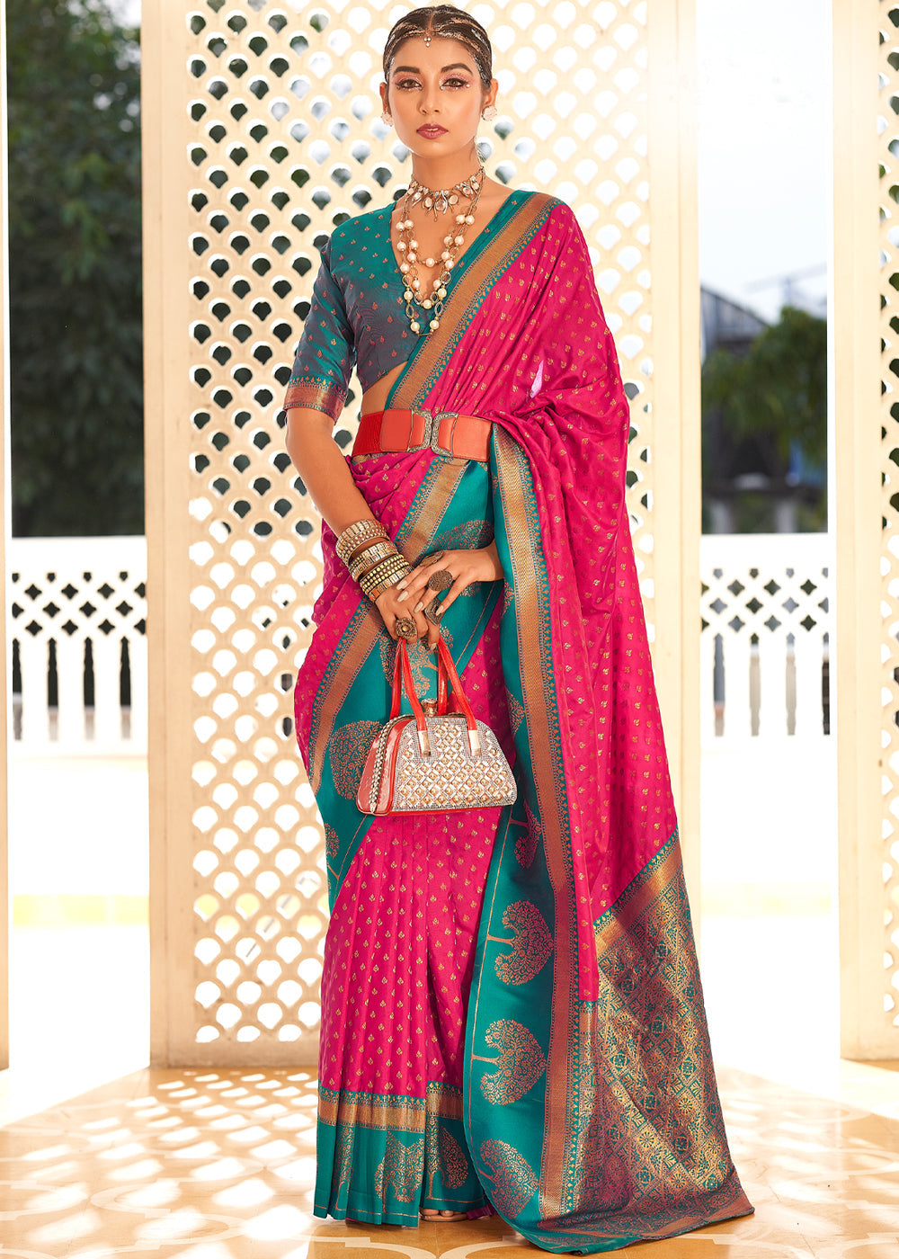 Buy MySilkLove Strawberry Pink and Blue Woven Banarasi Soft Silk Saree Online