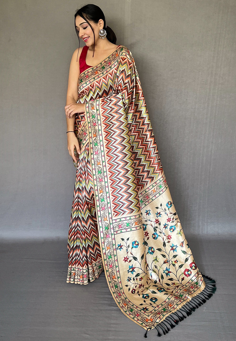 Buy MySilkLove Cameo Pink Multicolor Ikkat Printed Saree Online