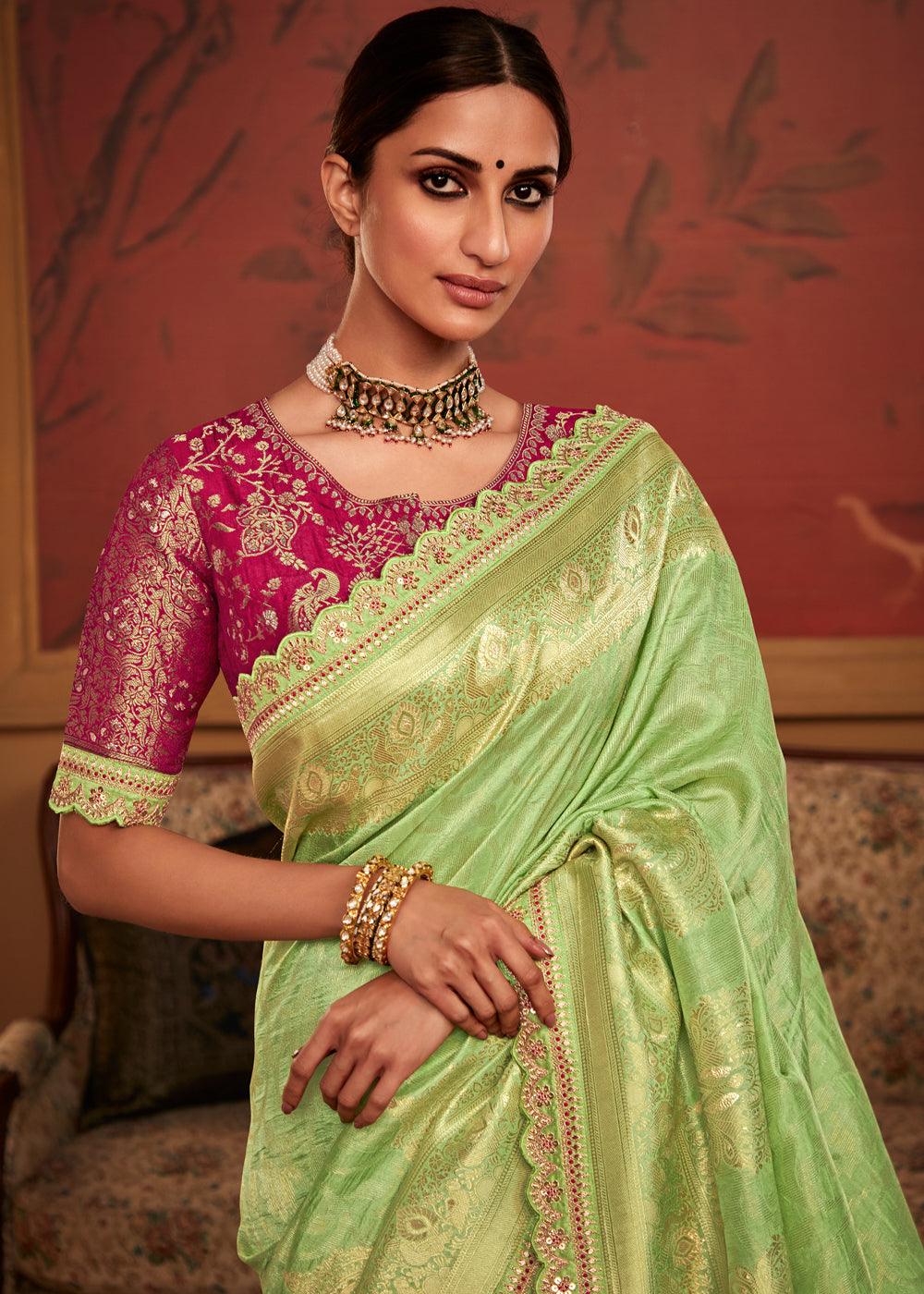 MySilkLove Citrus Green Woven Banarasi Designer Silk Saree With Embroidered Blouse