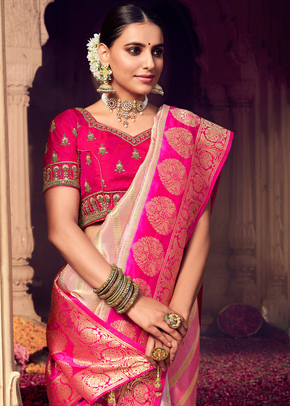 Buy MySilkLove Papaya Cream and Pink Zari Woven Designer Banarasi Saree Online