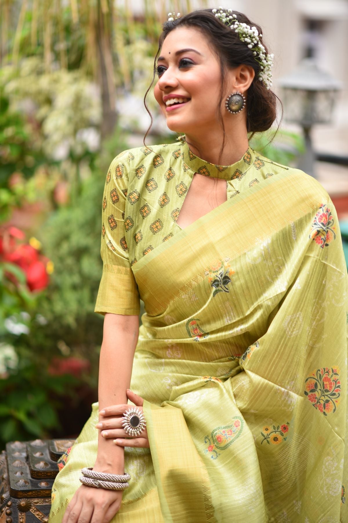 Buy MySilkLove Husk Green Printed South Silk Saree Online